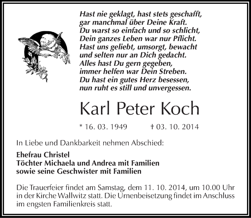  Traueranzeige für Karl Peter Koch vom 07.10.2014 aus Mitteldeutsche Zeitung Halle/Saalkreis