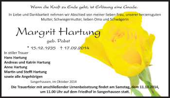 Traueranzeige von Margrit Hartung von Mitteldeutsche Zeitung Sangerhausen
