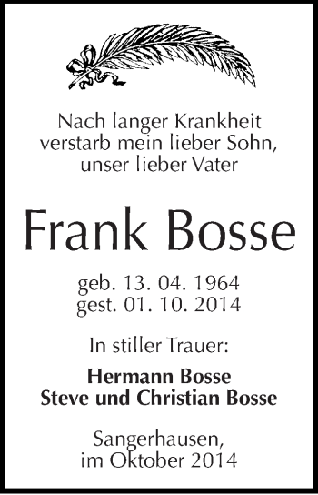 Traueranzeige von Frank Bosse von Mitteldeutsche Zeitung Sangerhausen