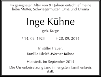 Traueranzeige von Inge Kühne von Mitteldeutsche Zeitung Mansfelder Land