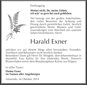 Traueranzeige von Harald Exner von Mitteldeutsche Zeitung Mansfelder Land