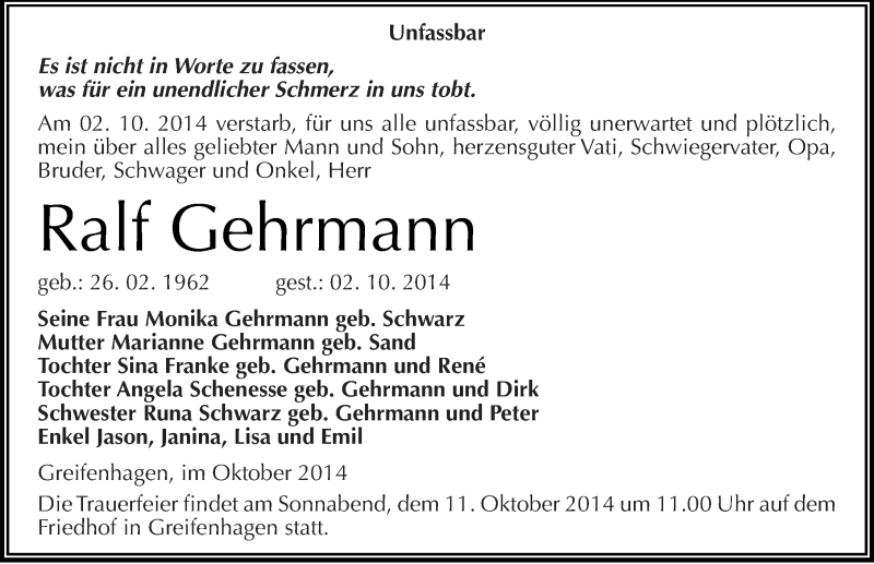  Traueranzeige für Ralf Gehrmann vom 09.10.2014 aus Mitteldeutsche Zeitung Mansfelder Land