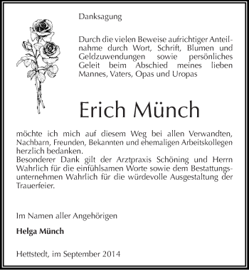 Traueranzeige von Erich Münch von Mitteldeutsche Zeitung Mansfelder Land