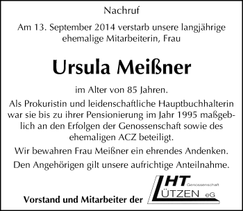 Traueranzeige von Ursula Meißner von Mitteldeutsche Zeitung Weißenfels