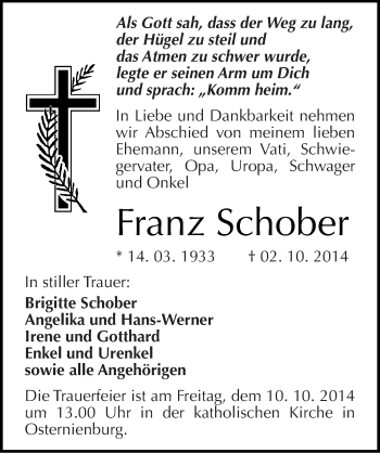 Traueranzeige von Franz Schober von Mitteldeutsche Zeitung Köthen