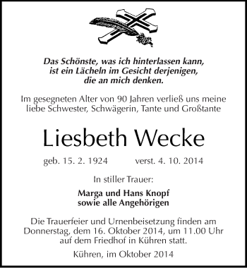Traueranzeige von Liesbeth Wecke von Mitteldeutsche Zeitung Köthen