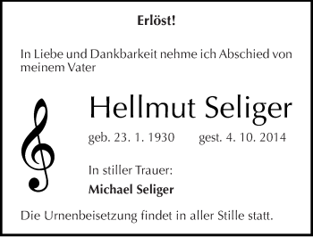 Traueranzeige von Hellmut Seliger von Mitteldeutsche Zeitung Köthen