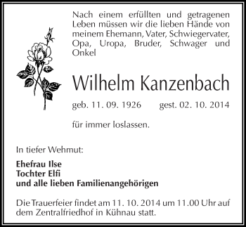 Traueranzeige von Wilhelm Kanzenbach von Mitteldeutsche Zeitung Dessau-Roßlau