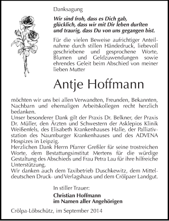 Traueranzeige von Antje Hoffmann von Mitteldeutsche Zeitung Naumburg/Nebra