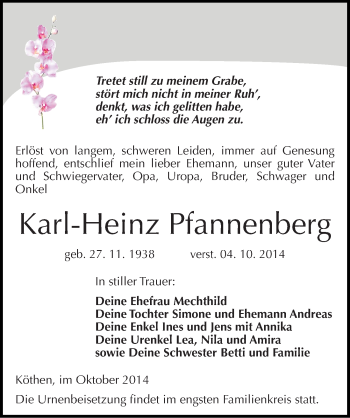 Traueranzeige von Karl-Heinz Pfannenberg von Mitteldeutsche Zeitung Köthen