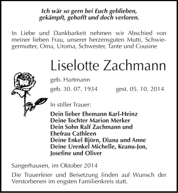 Traueranzeige von Liselotte Zachmann von Mitteldeutsche Zeitung Sangerhausen