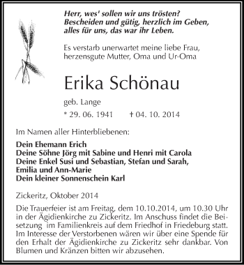 Traueranzeige von Erika Schönau von Mitteldeutsche Zeitung