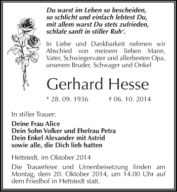 Traueranzeige von Gerhard Hesse von Mitteldeutsche Zeitung Mansfelder Land
