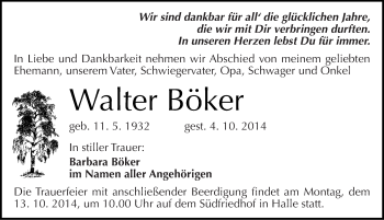 Traueranzeige von Walter Böker von Mitteldeutsche Zeitung Halle/Saalkreis