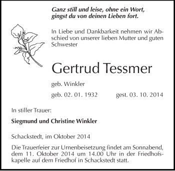 Traueranzeige von Gertrud Tessmer von Mitteldeutsche Zeitung Aschersleben