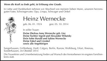 Traueranzeige von Heinz Wernecke von Mitteldeutsche Zeitung Sangerhausen