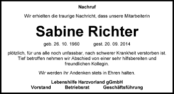 Traueranzeige von Sabine Richter von Mitteldeutsche Zeitung Aschersleben