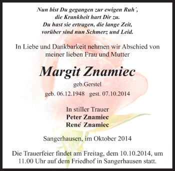 Traueranzeige von Margit Znamiec von Mitteldeutsche Zeitung Sangerhausen
