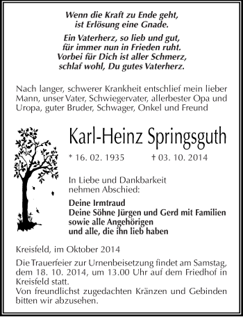 Traueranzeige von Karl-Heinz Springsguth von Mitteldeutsche Zeitung Mansfelder Land