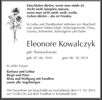 Traueranzeige von Eleonore Kowalczyk von Mitteldeutsche Zeitung Merseburg/Querfurt