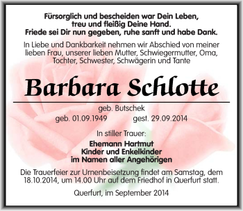 Traueranzeige von Barbara Schlotte von Mitteldeutsche Zeitung Merseburg/Querfurt