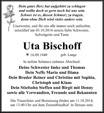 Traueranzeige von Uta Bischoff von Mitteldeutsche Zeitung Dessau-Roßlau