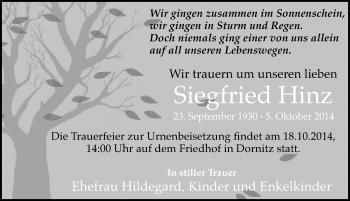 Traueranzeige von Siegfried Hinz von Mitteldeutsche Zeitung Halle/Saalkreis