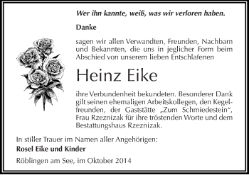 Traueranzeige von Heinz Eike von Mitteldeutsche Zeitung Mansfelder Land