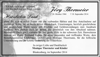 Traueranzeige von Jörg Thormeier von Mitteldeutsche Zeitung Quedlinburg