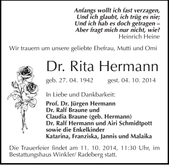 Traueranzeige von Rita Hermann von Mitteldeutsche Zeitung Halle/Saalkreis