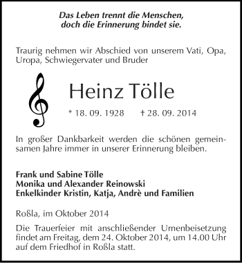 Traueranzeige von Heinz Tölle von Mitteldeutsche Zeitung Sangerhausen