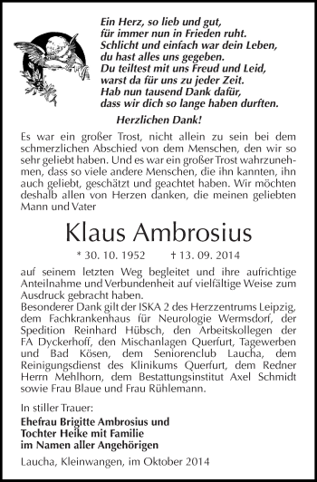 Traueranzeige von Klaus Ambrosius von Mitteldeutsche Zeitung Naumburg/Nebra