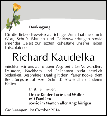 Traueranzeige von Richard Kaudelka von Mitteldeutsche Zeitung Naumburg/Nebra