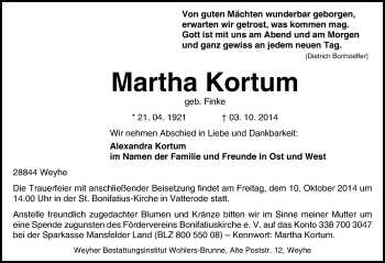 Traueranzeige von Martha Kortum von Mitteldeutsche Zeitung Mansfelder Land