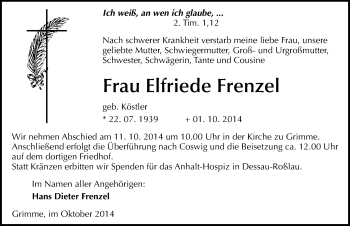 Traueranzeige von Elfriede Frenzel von Mitteldeutsche Zeitung Wittenberg