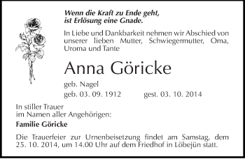 Traueranzeige von Anna Göricke von Mitteldeutsche Zeitung Halle/Saalkreis