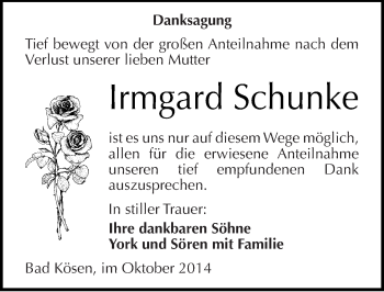 Traueranzeige von Irmgard Schunke von Mitteldeutsche Zeitung Naumburg/Nebra