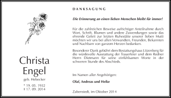 Traueranzeige von Christa Engel von Mitteldeutsche Zeitung Mansfelder Land
