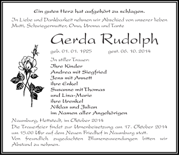 Traueranzeige von Gerda Rudolph von Mitteldeutsche Zeitung Naumburg/Nebra