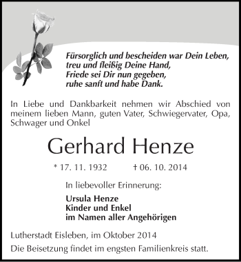 Traueranzeige von Gerhard Henze von Mitteldeutsche Zeitung Mansfelder Land