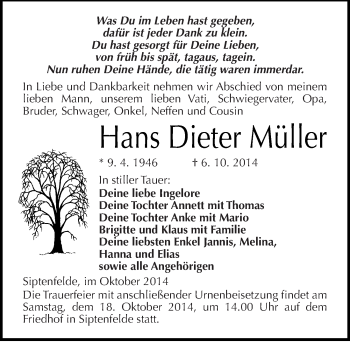 Traueranzeige von Hans Dieter Müller von Mitteldeutsche Zeitung Quedlinburg