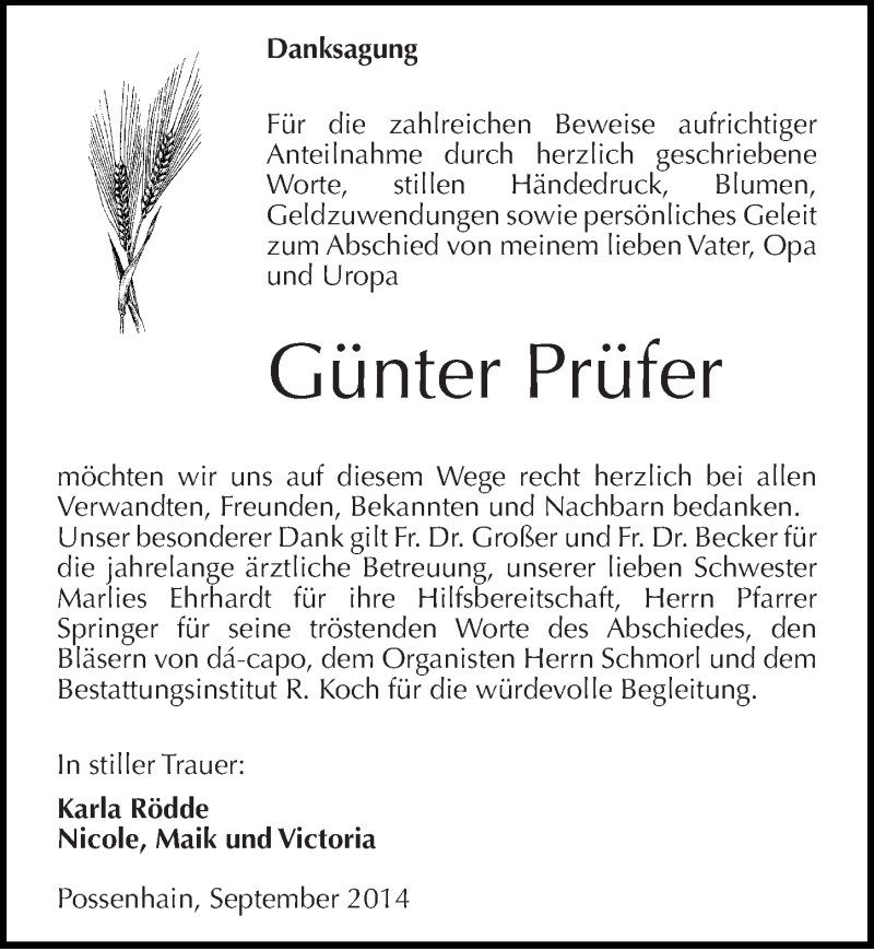  Traueranzeige für Günter Prüfer vom 11.10.2014 aus Mitteldeutsche Zeitung Naumburg/Nebra