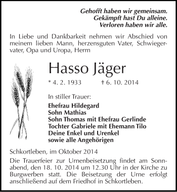 Traueranzeige von Hasso Jäger von Mitteldeutsche Zeitung Weißenfels