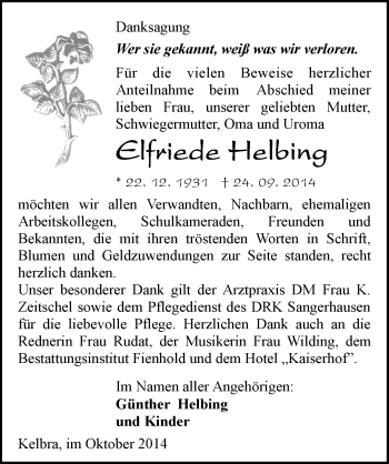 Traueranzeige von Elfriede Helbing von Mitteldeutsche Zeitung Sangerhausen