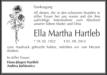 Traueranzeige von Ella Martha Hartleb von Mitteldeutsche Zeitung Halle/Saalkreis