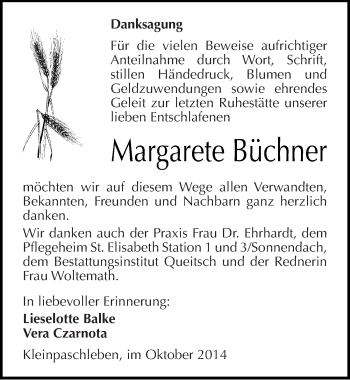 Traueranzeige von Margarete Büchner von Mitteldeutsche Zeitung Köthen