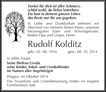 Traueranzeige von Rudolf Kolditz von Mitteldeutsche Zeitung Mansfelder Land