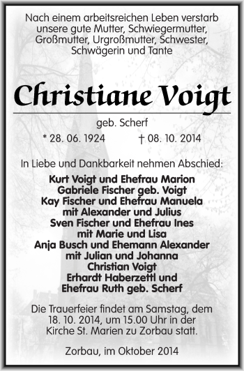 Traueranzeige von Christiane Voigt von Mitteldeutsche Zeitung Weißenfels