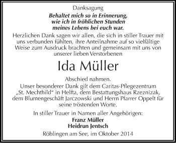 Traueranzeige von Ida Müller von Mitteldeutsche Zeitung Mansfelder Land