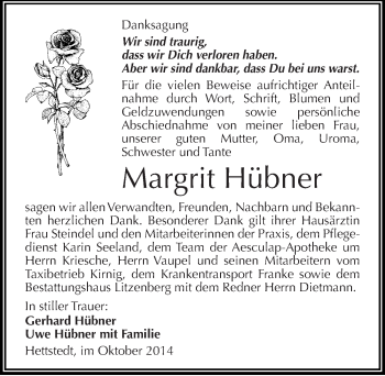 Traueranzeige von Margrit Hübner von Mitteldeutsche Zeitung Mansfelder Land